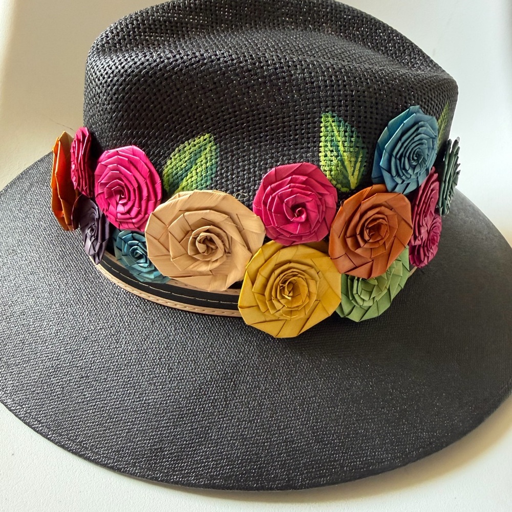 Black Straw Fedora Hat with Multicolor Floral Band
